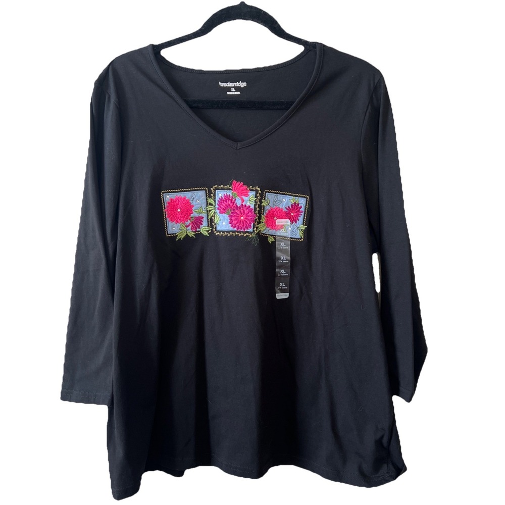 Breckenridge T-Shirt Top Women XL Floral Embroidered 3/4 Sleeve Sequin Black New